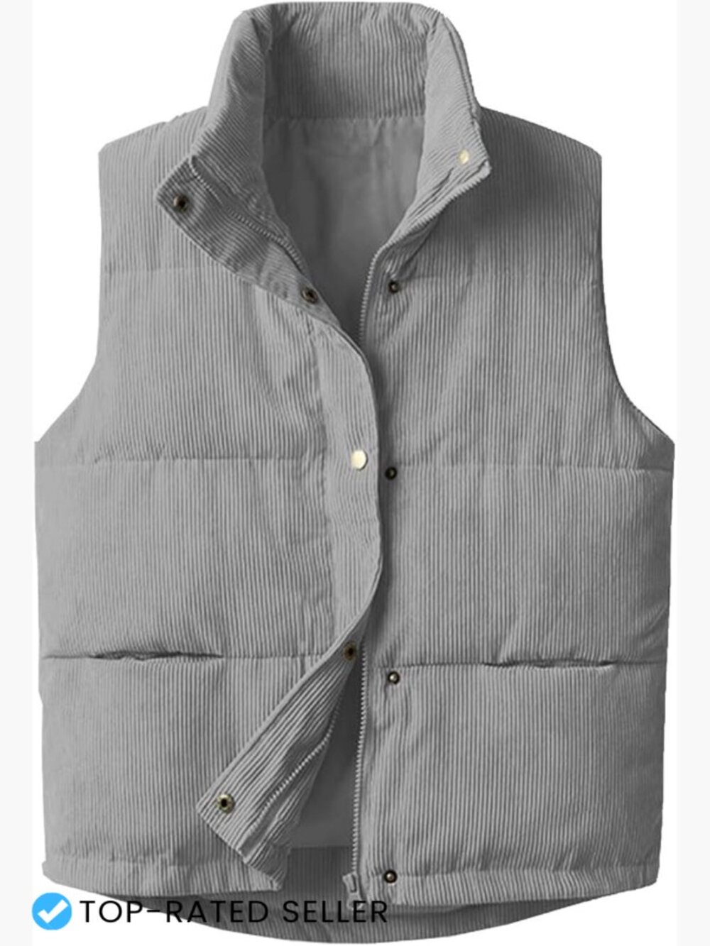 Corduroy Puffer Vest Stand Collar Zip Snap Button Sleeveless Warm Waistcoat